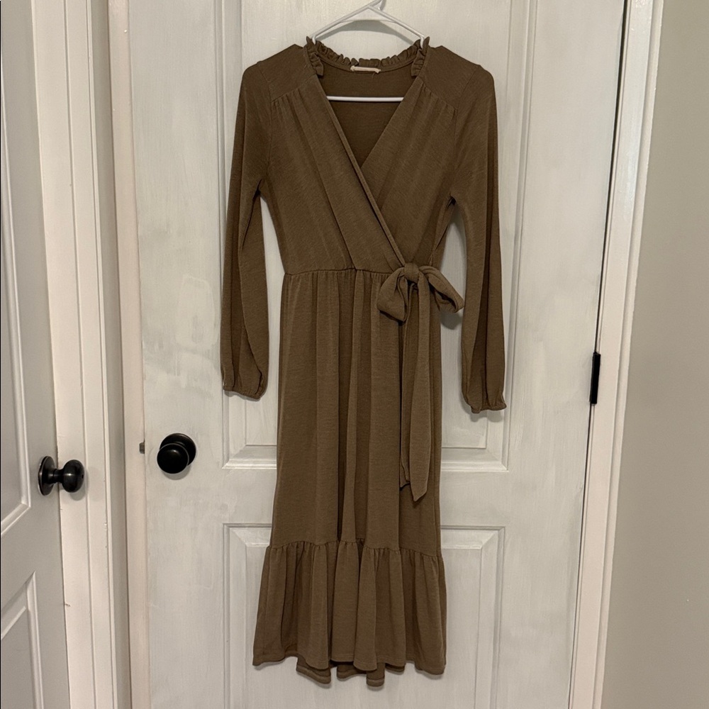 Reborn J Grey/Beige Colored Ruffled Faux Wrap Midi Dress